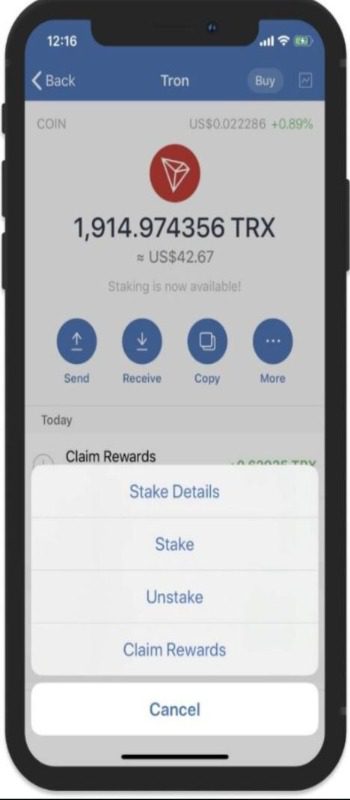 منوی استیکینگ ترون در تراست ولت