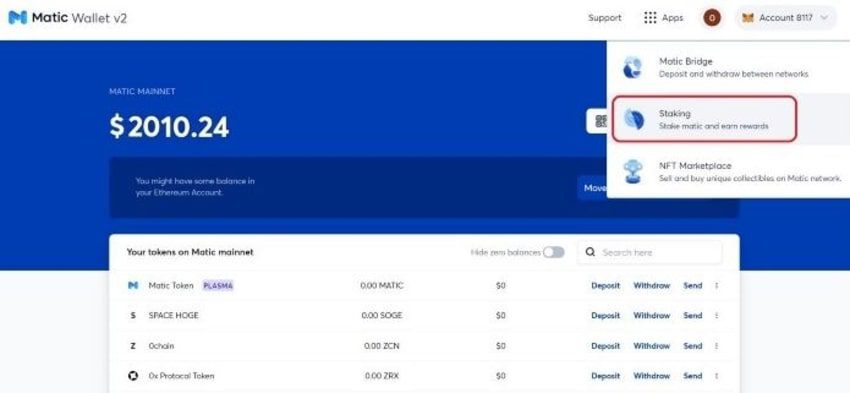 صفحه کنترل برای استیکینگ در کیف پول Matic