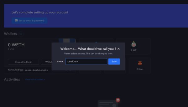 افزودن نام به حساب Axie Infinity