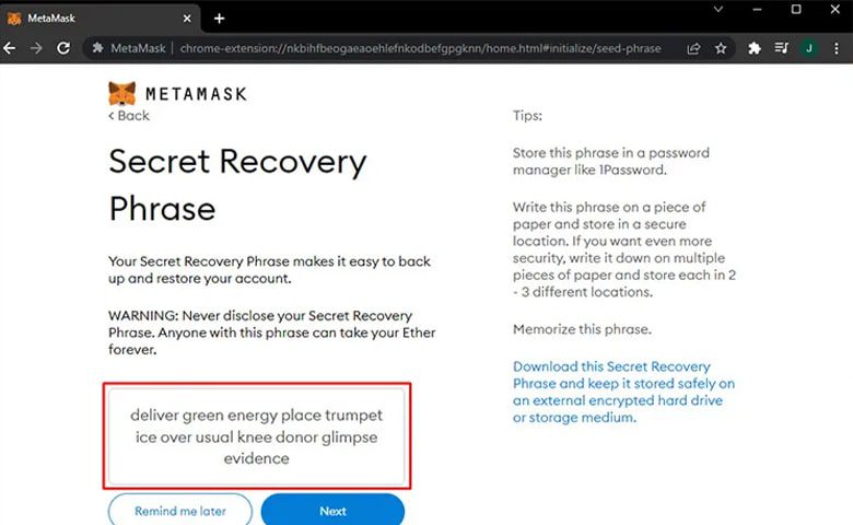 یادداشت عبارت بازیابی در کیف پول متامسک برای انتقال BNB