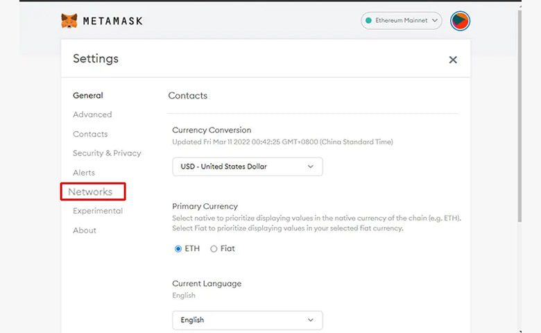 انتخاب گزینه Networks