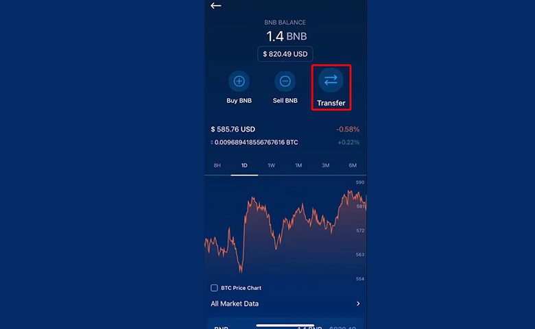 انتخاب گزینه انتقال در برنامه Crypto.com