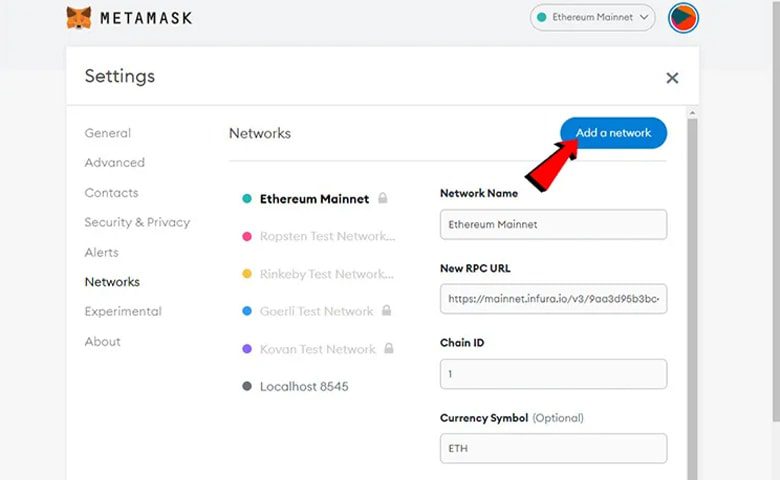 انتخاب Add Network برای انتقال بایننس کوین