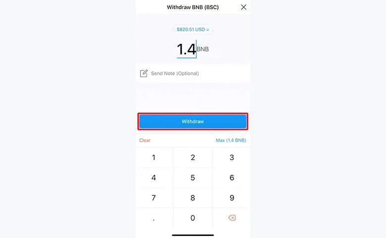 وارد کردن مقدار ارز BNB برای برداشت