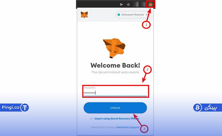 ورود به افزونه کیف پول متامسک