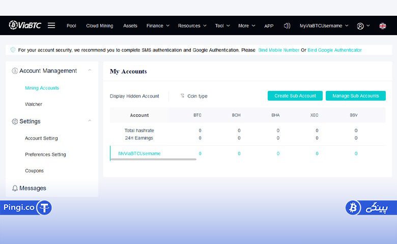 داشبورد حساب کاربری استخر ماینینگ ViaBTC