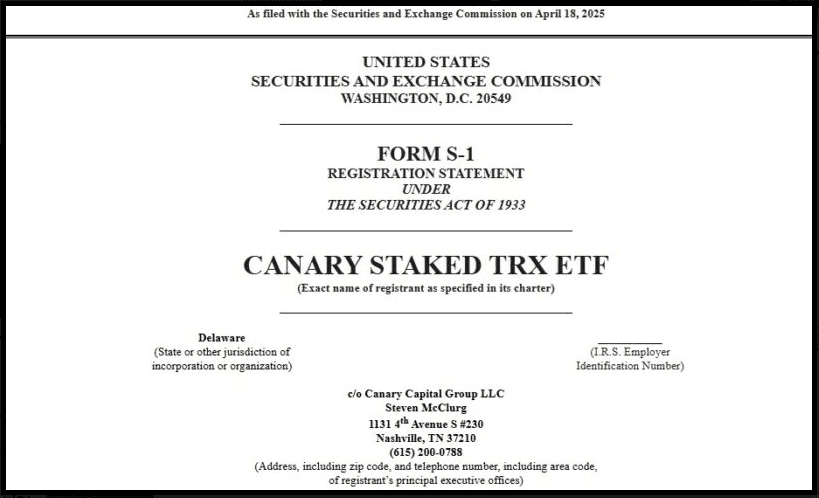 درخواستETF ترون با قابلیت استیکینگ توسط Canary Capital