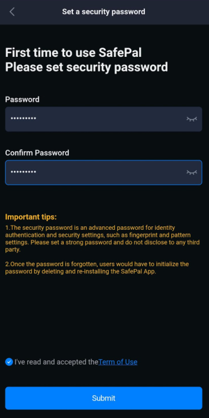 ایجاد رمز عبور برای کیف پول Safepal