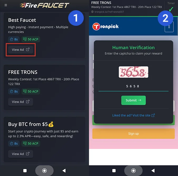 مشاهده تبلیغات و دریافت ACP در سایت فایر فاست | پینگی
